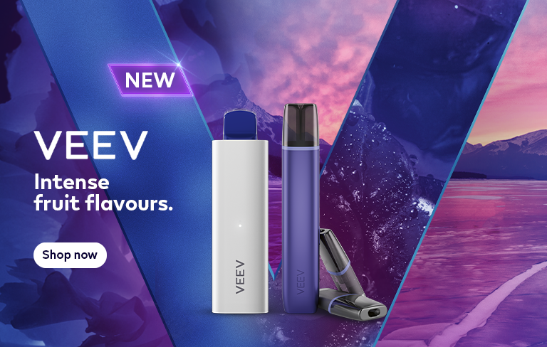 Intense fruit- VEEV NOW 5 mL and VEEV NOW device on purple background. 
